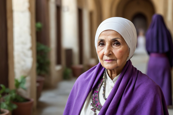 An Older Woman Wearing a Purple Scarf and Headscarf