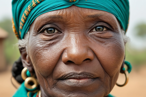 The image features a close-up shot of an elderly african woman wearing a turquoise headscarf and earrings.