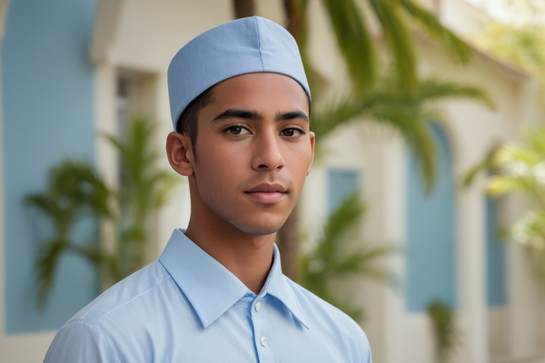 In this image a young man wearing a blue shirt and a blue hat is posing for the camera.