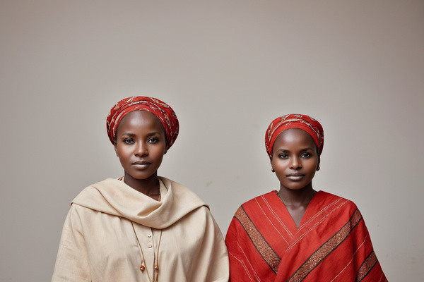 In this image two women are standing side by side each wearing a red headscarf.