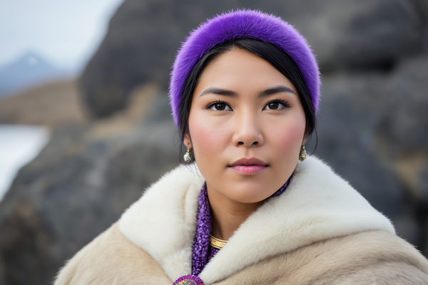 An Asian Woman Wearing a Purple Fur Hat and Fur Coat
