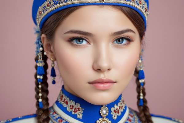 A Beautiful Young Woman with Blue Eyes Wearing Traditional Russian Clothing