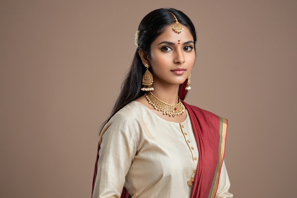 An Indian Woman Wearing Traditional Clothing and Jewelry