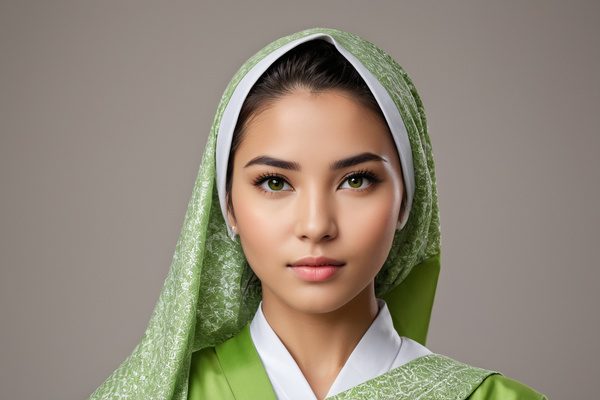 The image features a beautiful young asian woman wearing a green headscarf and a green dress.