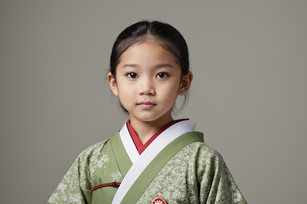 The image features a young girl dressed in a traditional japanese kimono posing for a portrait.