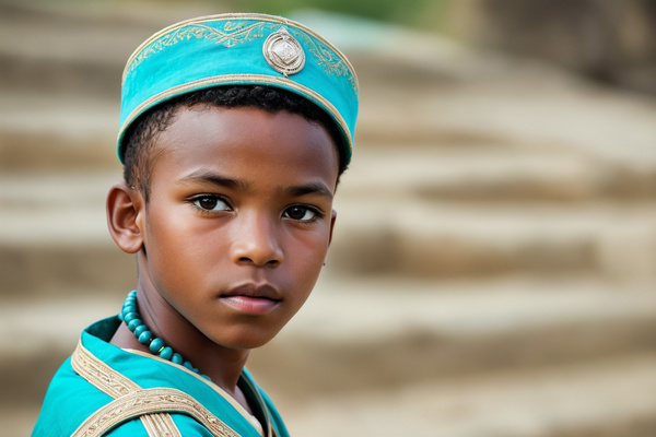 In this image a young boy is dressed in a traditional ethiopian costume adorned with a turquoise hat and a necklace.