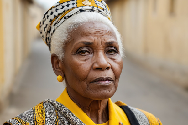 In this image there is an elderly woman wearing a colorful headscarf and a yellow shirt.
