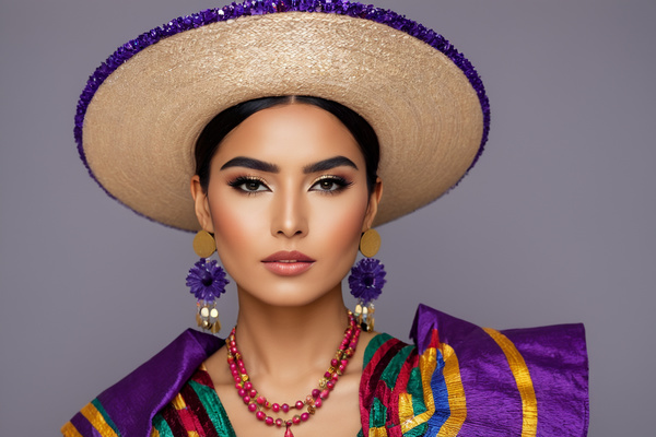 A Beautiful Mexican Woman Wearing a Sombrero and Earrings
