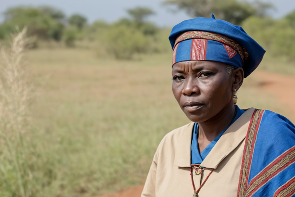 An African Woman Standing in a Field Wearing a Turban