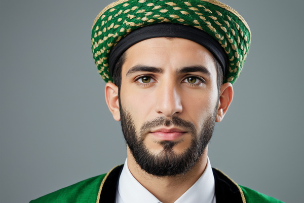 The image features a well-dressed man wearing a green turban a green jacket and a white shirt.