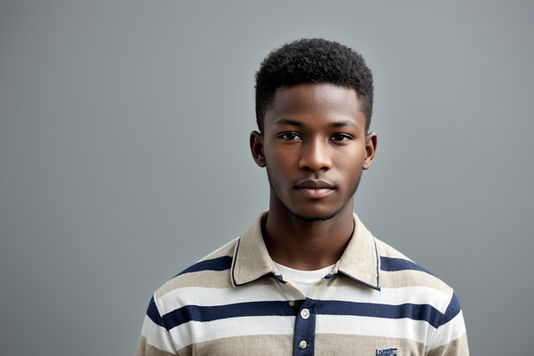 In this image a young black man is standing in front of a gray background wearing a striped polo shirt.
