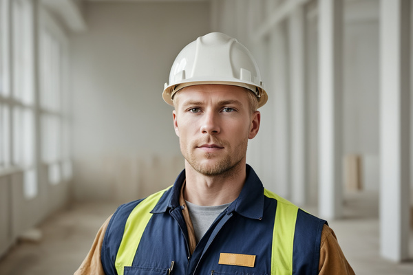 In this image there is a man wearing a hard hat and a safety vest standing in an empty room.