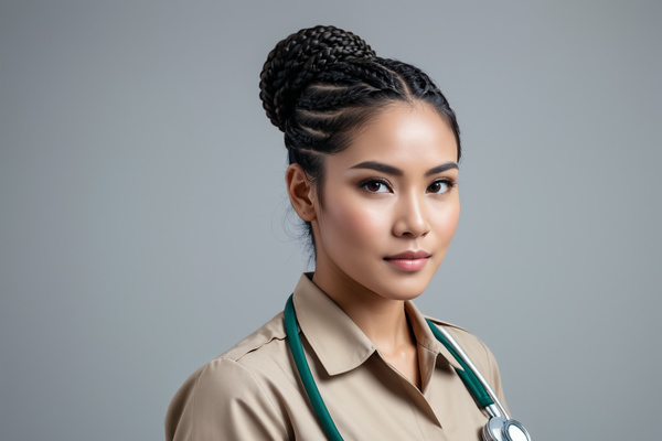In this image a beautiful young asian woman is dressed in a nurse's uniform complete with a stethoscope around her neck.