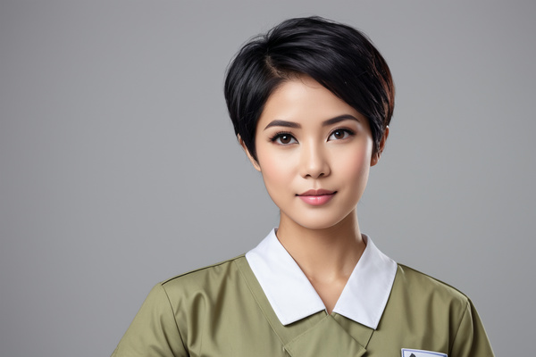 The image features a young asian woman dressed in a nurse's uniform posing for a portrait.