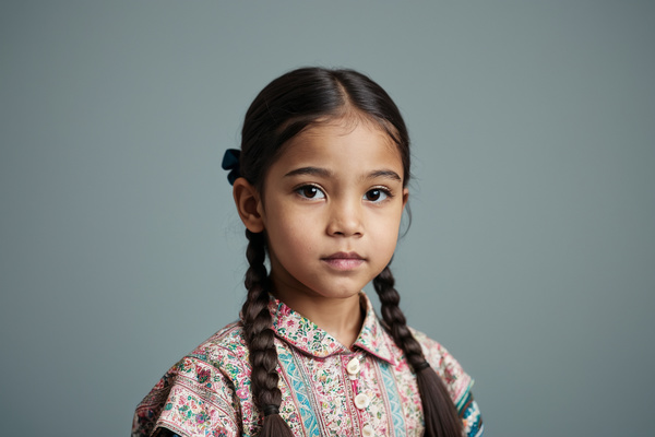 A Young Girl Wearing a Floral Shirt and Pigtails