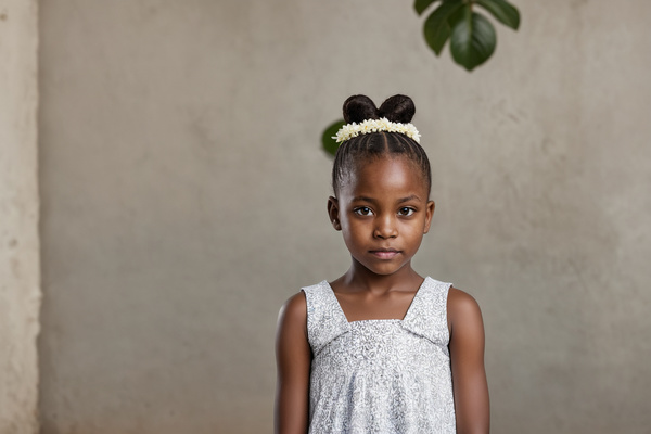 In this image a young african girl is standing in front of a wall wearing a white dress.