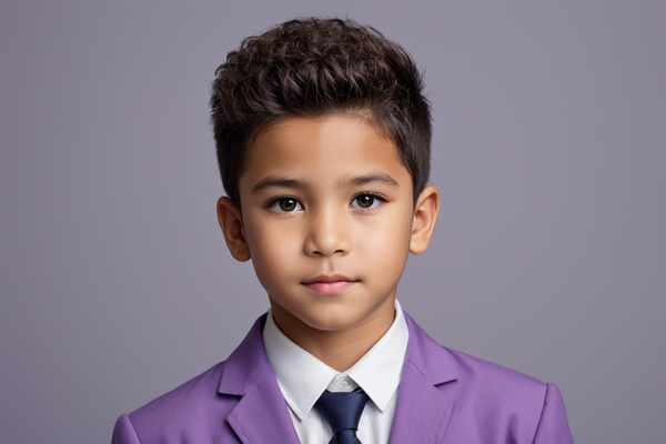 A Young Boy Wearing a Purple Jacket and a Blue Tie