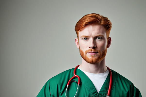 In this image a man with red hair and a beard is wearing a green medical uniform with a stethoscope around his neck.