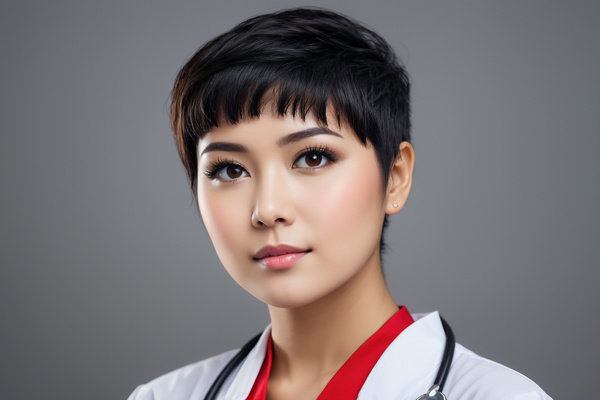 The image features a young asian woman wearing a doctor's coat and a stethoscope around her neck.