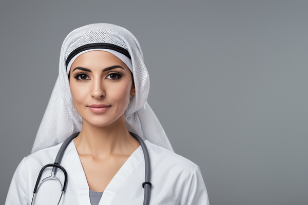 In this image a beautiful young woman wearing a white doctor's coat and a hijab is posing for the camera.