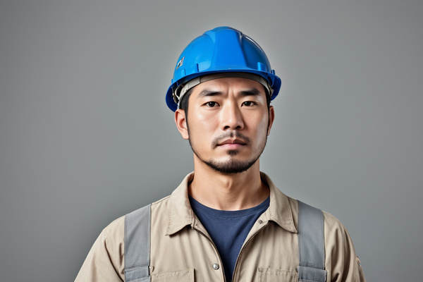 In this image a man wearing a blue hard hat is standing in front of a gray background.