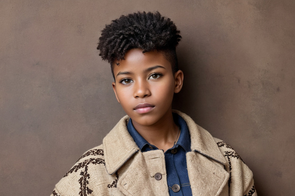 In this image a young african-american woman is posing for a portrait against a brown background.