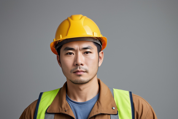 In this image a man wearing a yellow hard hat and a safety vest is posing for a portrait.