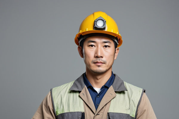 An Asian Man Wearing a Hard Hat and Vest on a Gray Background