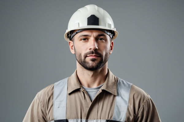 A Male Construction Worker Wearing a Hard Hat and Vest on Gray Background