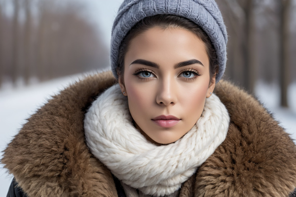 A Beautiful Young Woman Wearing a Hat and Scarf in the Snow