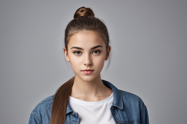 A Young Woman Wearing a Denim Shirt and Ponytail