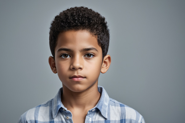 In this image a young boy is standing in front of a gray background looking directly at the camera.