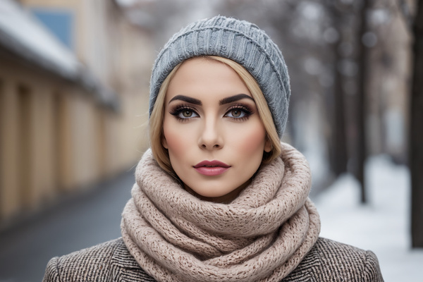A Beautiful Woman Wearing a Hat and Scarf in the Winter Time