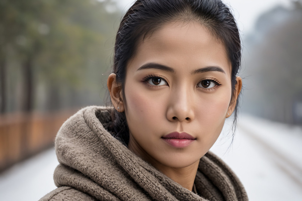 An Asian Woman Wearing a Scarf on a Snowy Day