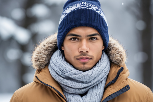 In this image a young man is standing outdoors in the snow wearing a winter coat scarf and beanie.