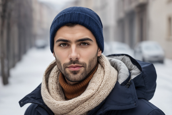 A Man Wearing a Beanie and a Scarf in the Snow