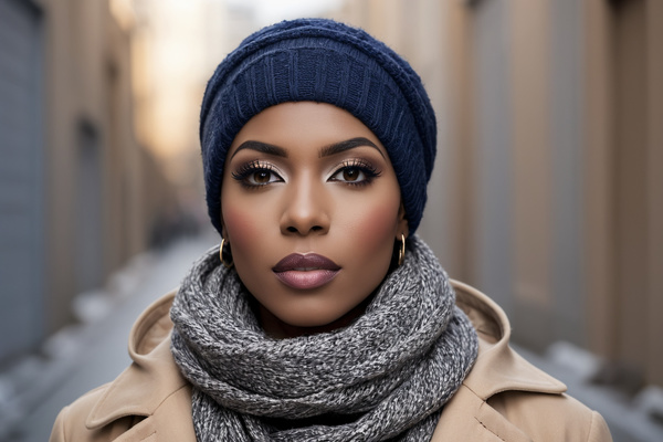 An African American Woman Wearing a Scarf and Hat