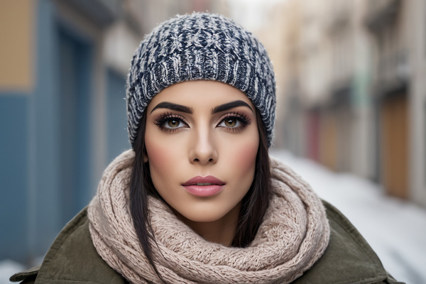 A Woman Wearing a Hat and Scarf on a Snowy Street