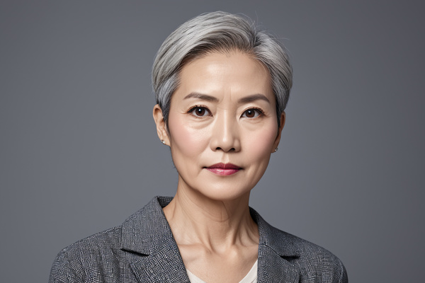An Asian Woman with Gray Hair Wearing a Jacket and Tie