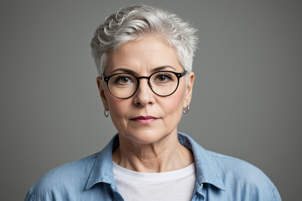 An Older Woman Wearing Glasses and a Blue Shirt Posing