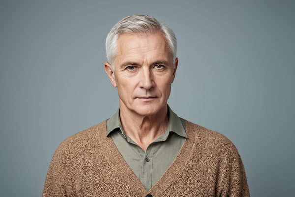 The image features an older man wearing a brown sweater and a green shirt.