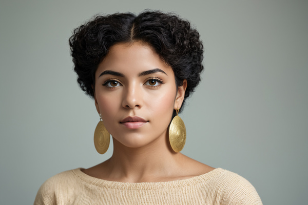 A Young Woman Wearing Gold Earrings and a Tan Sweater
