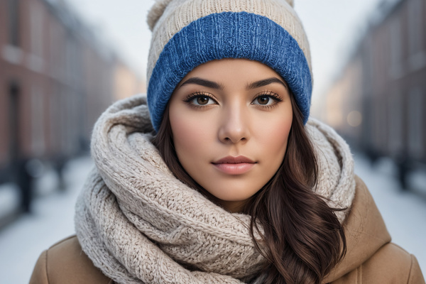 A Young Woman Wearing a Winter Hat and Scarf in the Snow