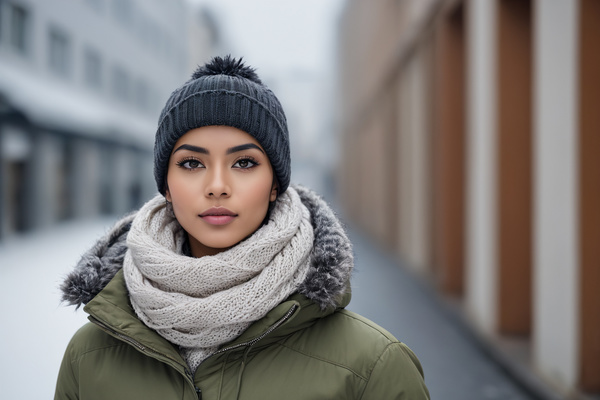 In this image a young woman is standing in the middle of a snowy street wearing a green jacket a scarf and a hat.