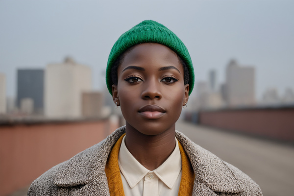 An African American Woman Wearing a Green Hat and Coat