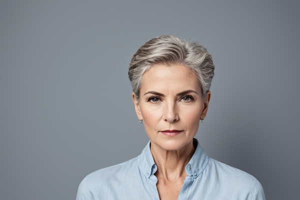 In this image a mature woman with short gray hair is posing for a portrait.