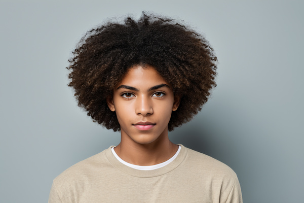 In this image a young man with an afro hairstyle is posing for a portrait against a gray background.