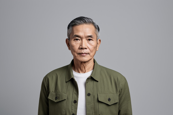 In this image an older asian man is standing in front of a gray background wearing a green jacket and a white t-shirt.