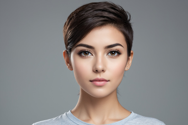 In this image a beautiful young woman with short hair is posing for the camera.