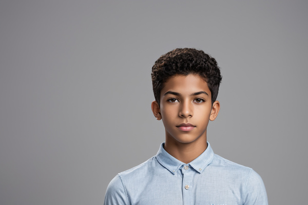 In this image a young boy is standing in front of a gray background wearing a blue shirt.